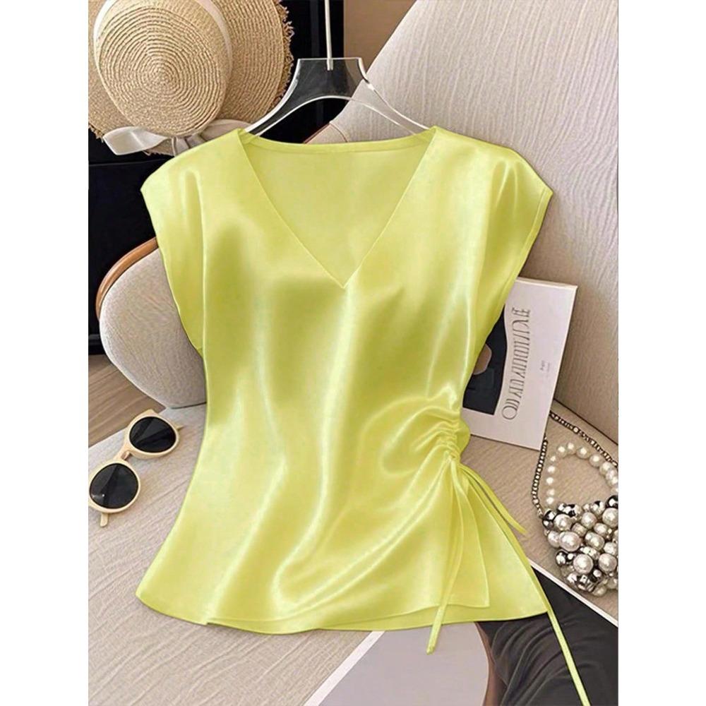 Einfarbige Satin-Kurzarm-T-Shirt-Bluse für Damen, Sommerlich Dünn und Stilvoll, V-Ausschnitt, Slim Fit
