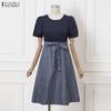 ZANZEA Women Casual Round Neck Short Sleeve Stripe Splice Dress