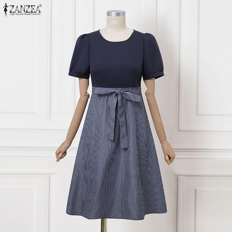 ZANZEA Women Casual Round Neck Short Sleeve Stripe Splice Dress