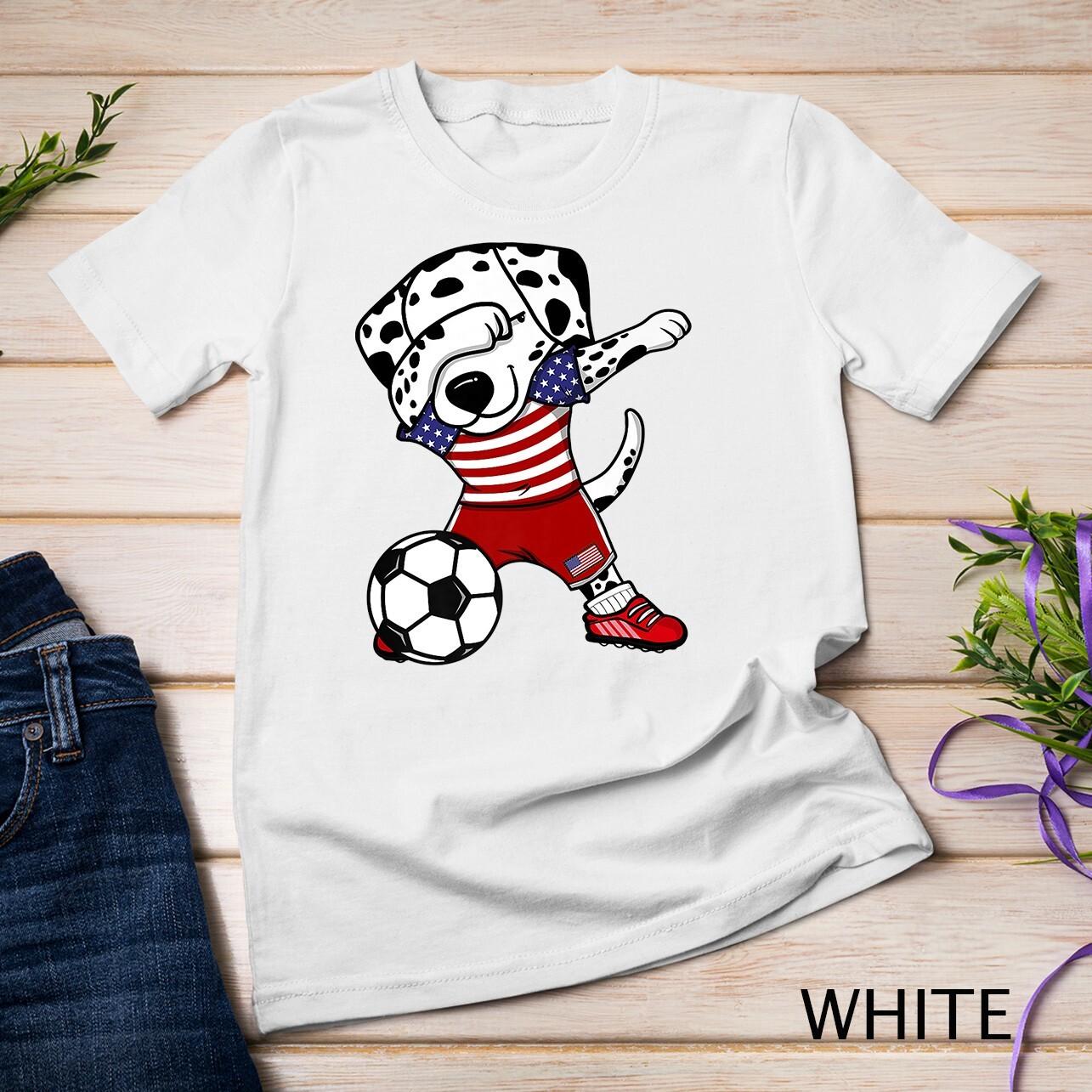 Dabbing Dalmatian America Soccer Fan Jersey US Flag Football Unisex T-Shirt Mens Womens Tees Top 3XL