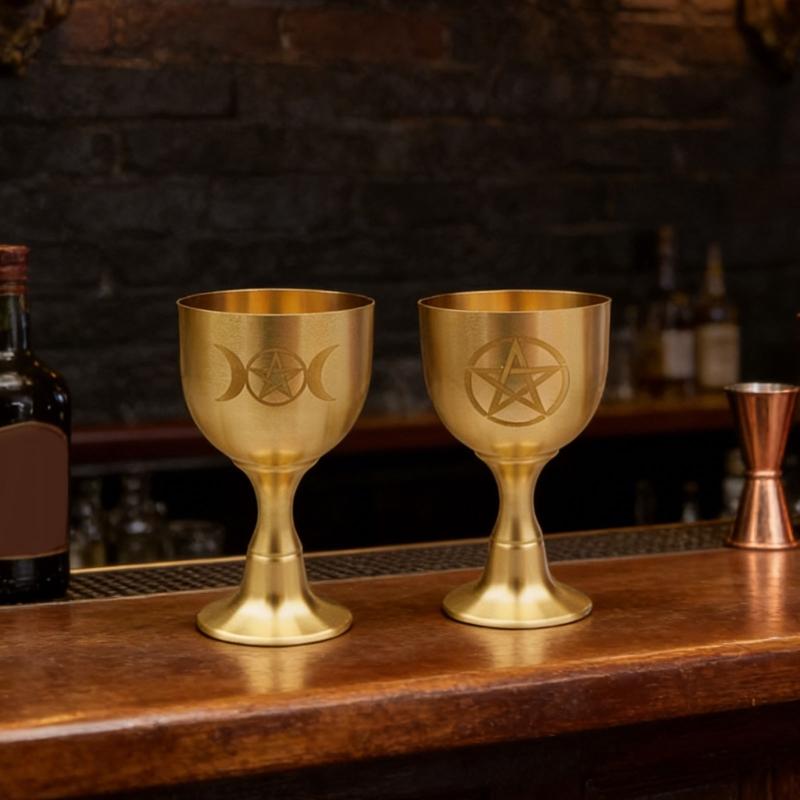 Handcrafted Brasses Goblet With Moon And Star Pattern Pentagrams Chalice Perfect For Ceremonies And Display