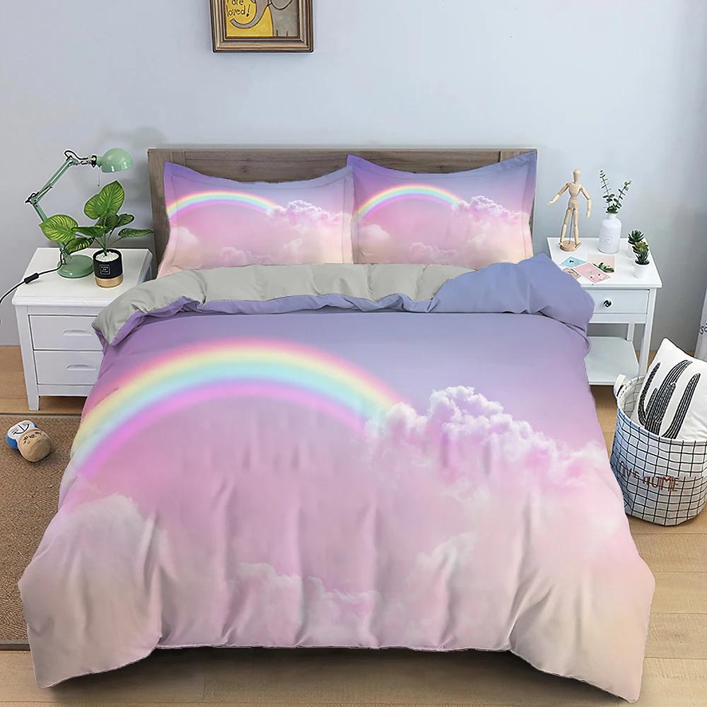 Rainbow Duvet Cover Purple Sky for Girls Women Romantic Gifts Clouds Cartoon Style Quilt Cover Bedroom Decorations Queen Size