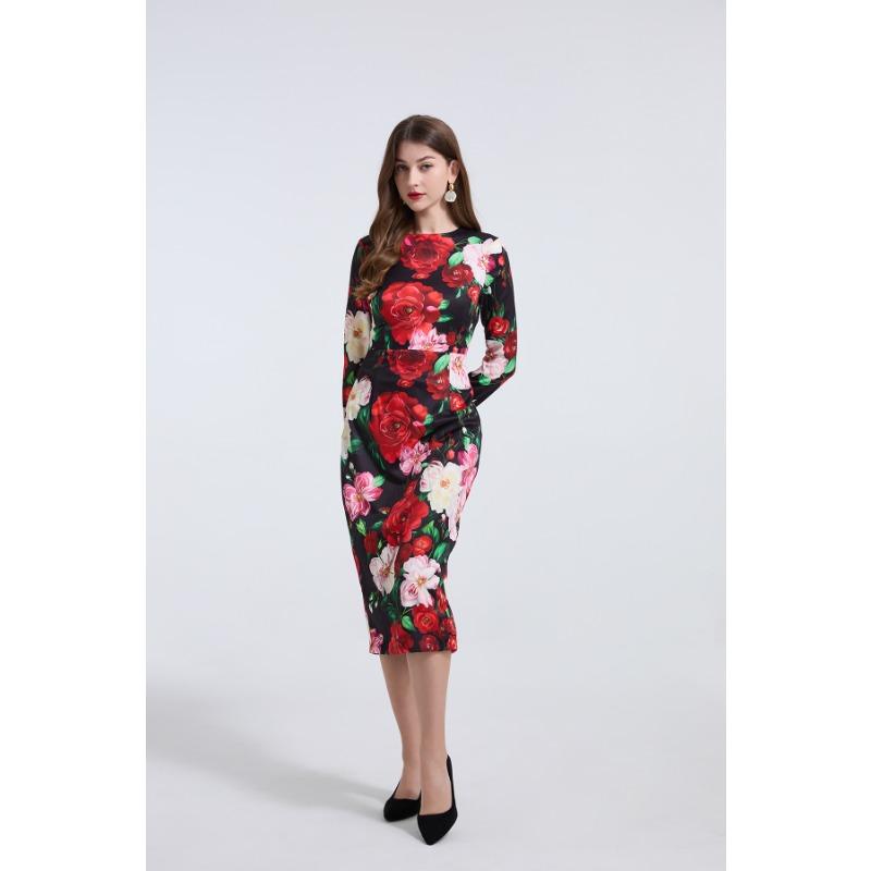 Spring Summer Women Designer Vintage Print Rose Office Work Slim Bodycon Pencil Dresses