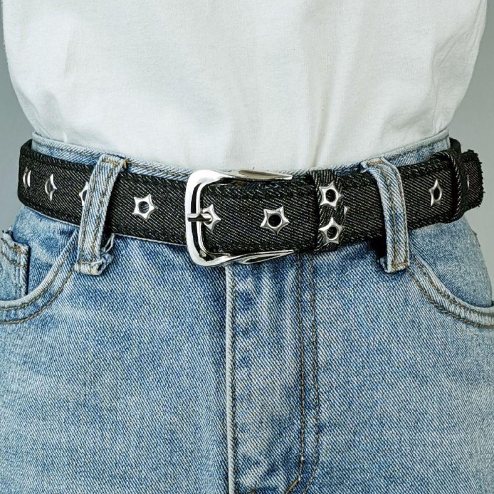 Adjustable Canvas Jeans Belt Pin Buckle Star Cutout Belt Vintage Hollow Eyelet Belt  Daily Outfit