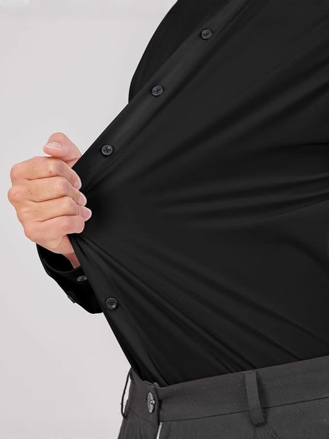 Camisa Social Masculina de Manga Longa Elástica Não Amassa - Cor Sólida