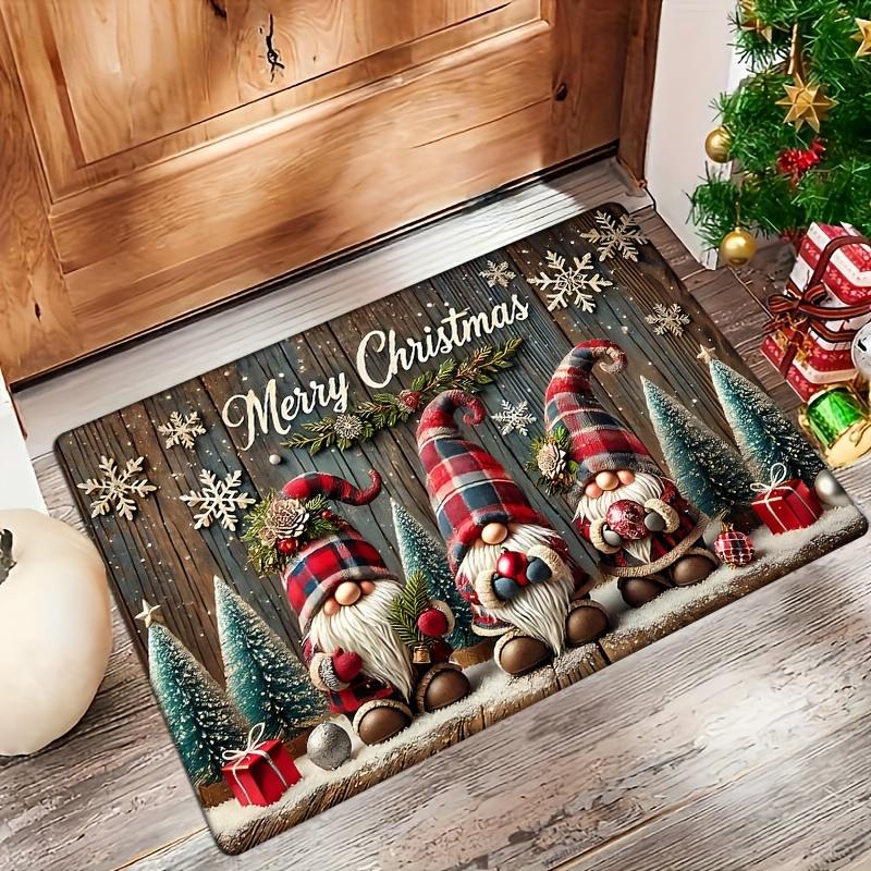 Christmas Gnome Print Flannel Doormat, Thick Absorbent Non-Slip Rug, Festive Home Decor for Entryway Living Room Bedroom