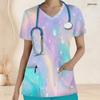 Women Plus Size V Neck Short Sleeve Galaxy Printed Nurse Scrub Top With Front Pockets