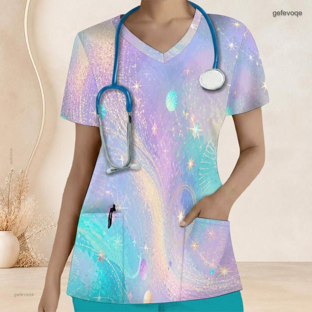 Women Plus Size V Neck Short Sleeve Galaxy Printed Nurse Scrub Top With Front Pockets