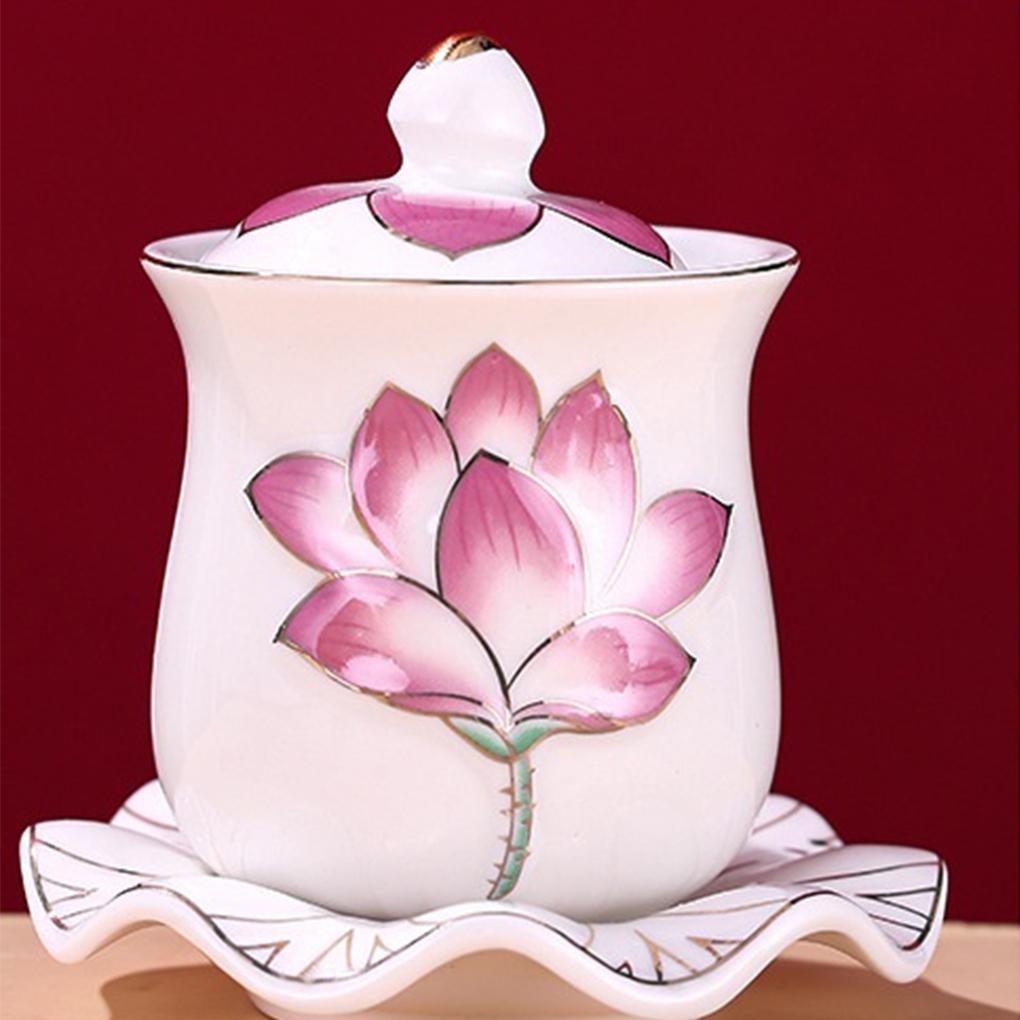 3 STÜCK Lotusbecher Relief Keramik Teetasse, Tasse mit Deckel, Wasserbecher für Buddha, Reichtum anziehendes Teeservice, Kaffeetischdekoration