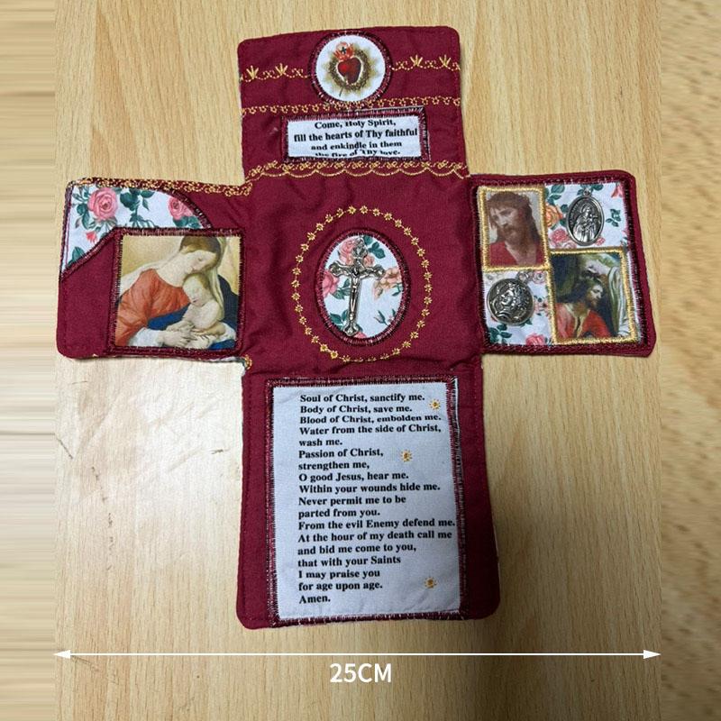 Santuario Tascabile Artigianale Con Croce Inclusa All'interno Sacca in Tessuto Croce della Fede Tasca da Cucito Set da Viaggio Con Immagini di Santi Preghiere
