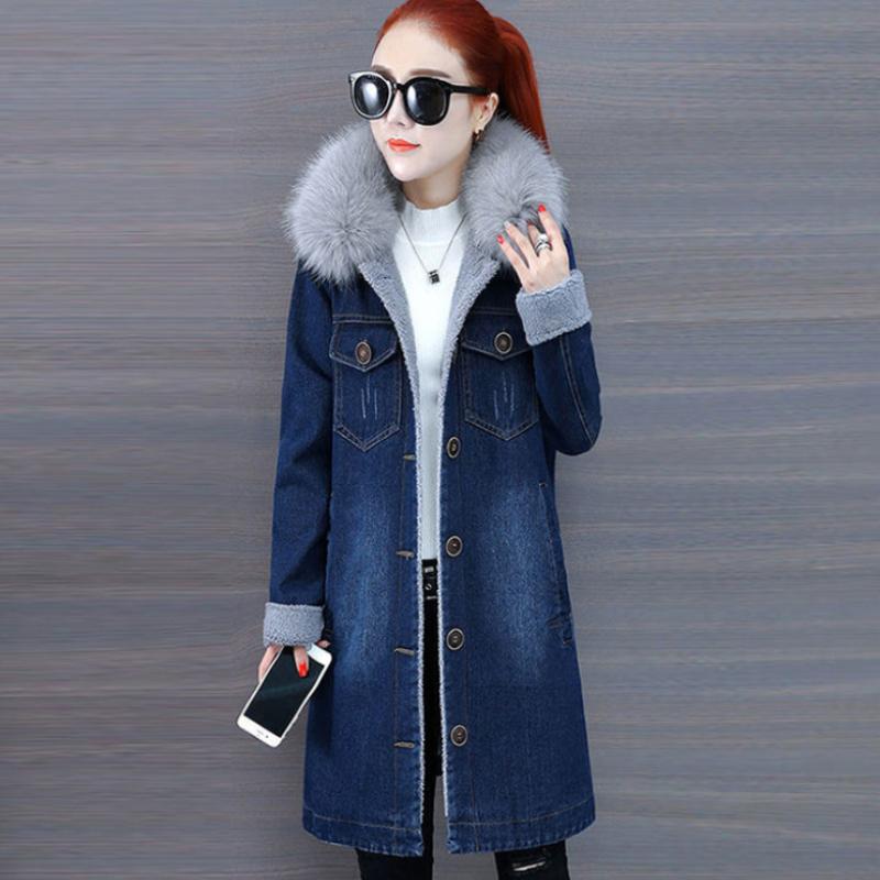Denim Jacket Women's Plus Velvet Thickened Mid-length Plus Velvet Clothes Autumn and Winter Denim Windbreaker