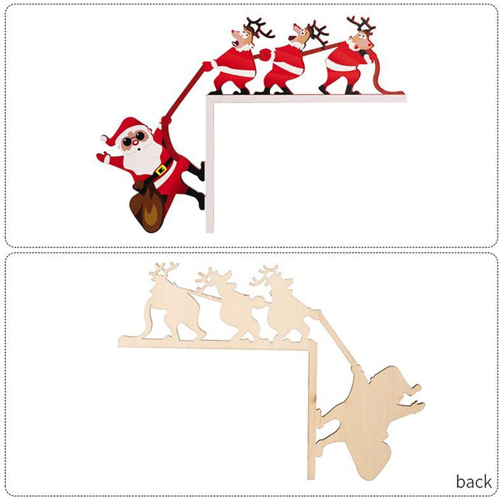 2PCS 3D Christmas Door Decor, Santa Reindeer Wood Corner Ornament Set, Festive Hanging Decoration for Home Fireplace Cabinet