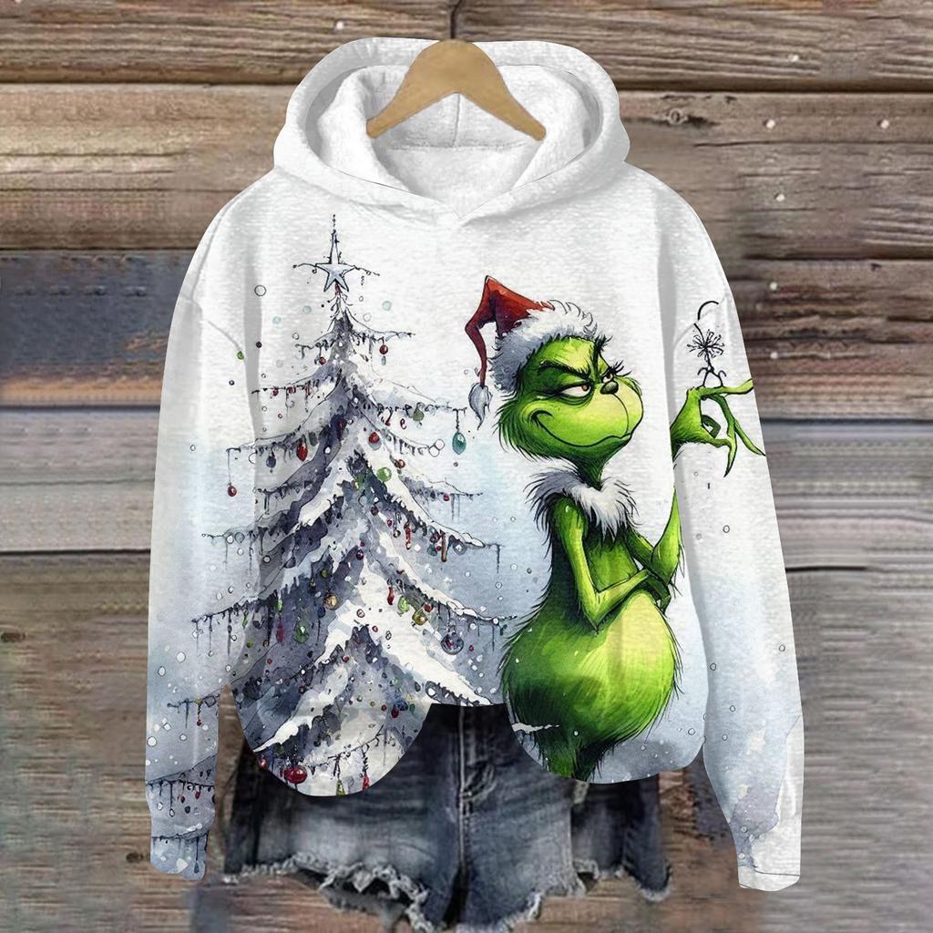Ladies' Christmas Greentown Print Casual Long Sleeved Hooded Sweatshirt Top