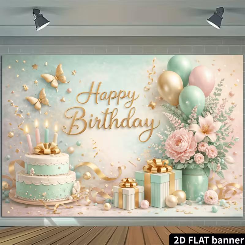 2D FLAT Mint Green Gold Happy Birthday Background Cloth for Party