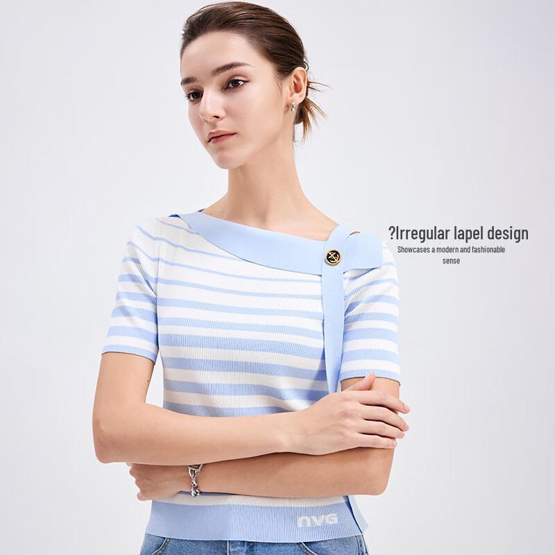 Navigare Women's Striped Color Block Slim Fit Short Sleeve Knit Top