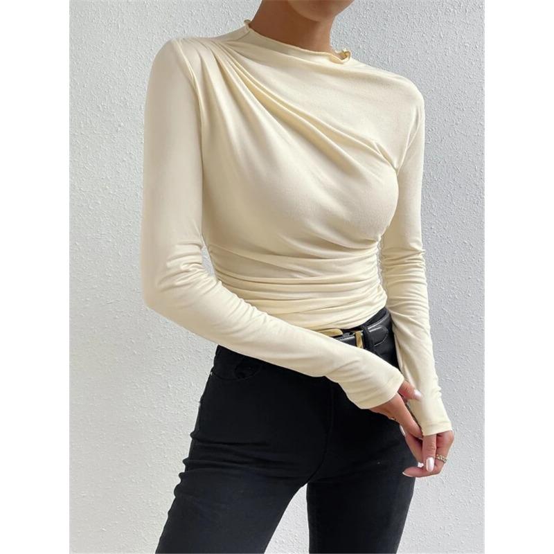 Women S Solid Slim Fit Long Sleeve T Shirt With Pleated Design