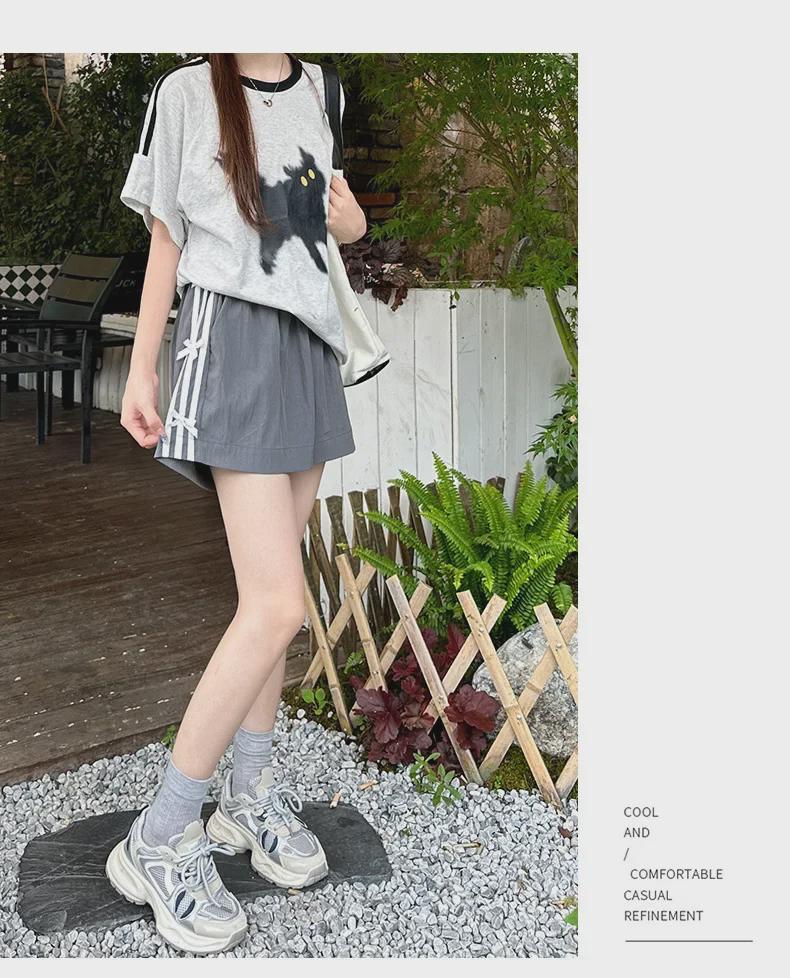 2025 Women's High Waist Striped Bow Shorts: Summer Casual Loose Fit, Wide Leg