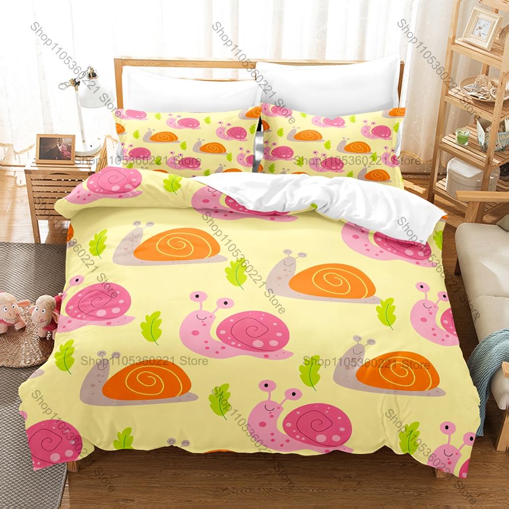 Kawaii Snail Pattern 3-Piece Bed Set Comfortable Lightweight Duvet Cover Pillow Shams Lovely Animal Print Bedding Kit Children