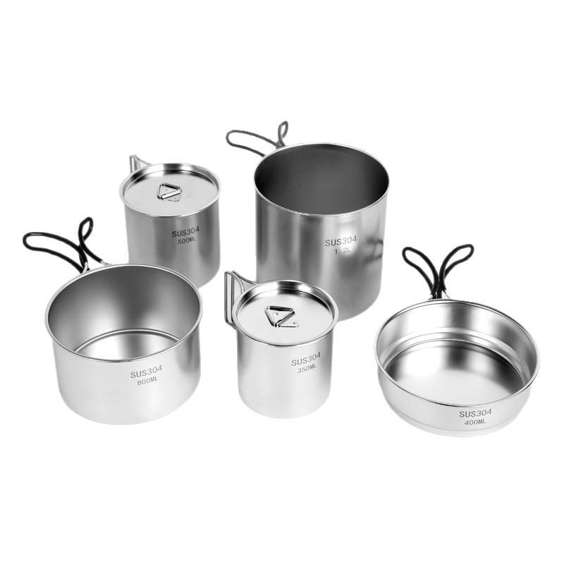 Stackable 304 Stainless Steel Camping Cookware Set - Includes Pot, Pan, Water Cup, and Tableware