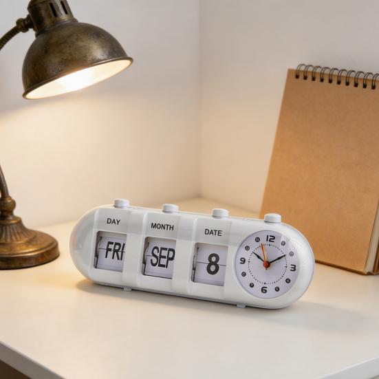 Perpetual Desk Calendar with Clock Vintage Manual Flip Calendar Digital Alarm Clock with Day Month Date Display for Home Office Desk Shelf Decor