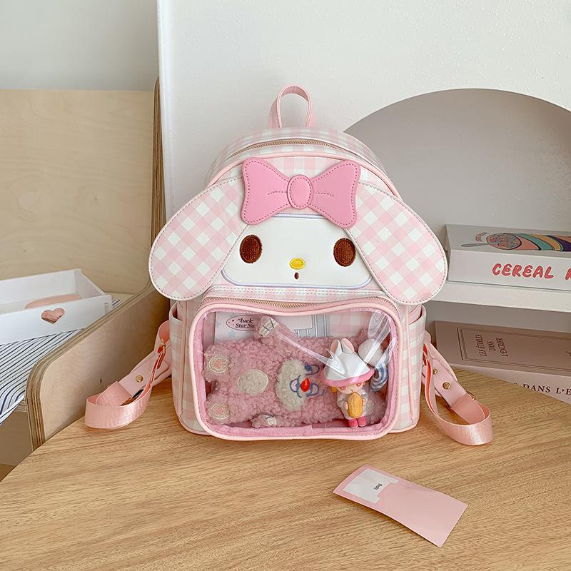 Sweet plaid backpack two-dimensional transparent pain bag cute cotton doll girl going out portable backpack