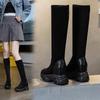 Women's Black Suede Knee-High Boots - 8CM Height Increase, Thick Sole, Plus Velvet, Elastic, 2025 Autumn/Winter Collection