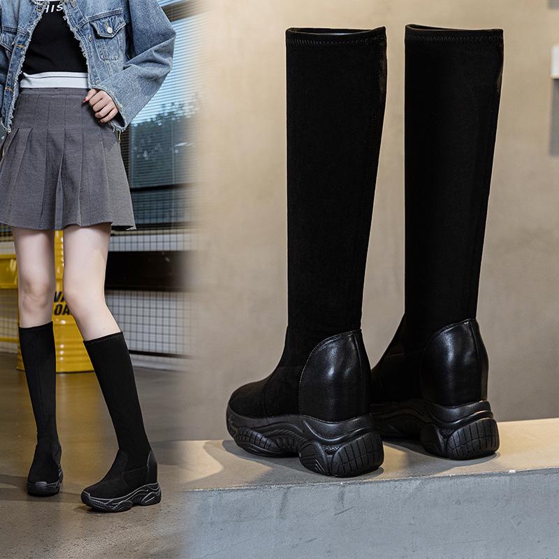 Women's Black Suede Knee-High Boots - 8CM Height Increase, Thick Sole, Plus Velvet, Elastic, 2025 Autumn/Winter Collection