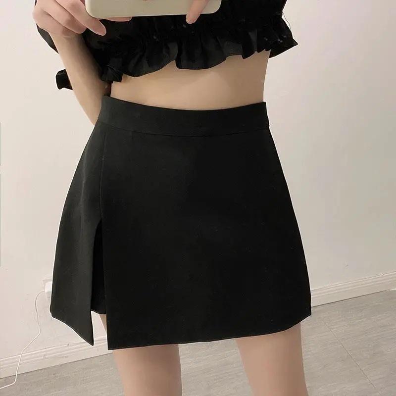 2022 Black High-Waisted Irregular Midi A-Line Skirt with Slimming Slit