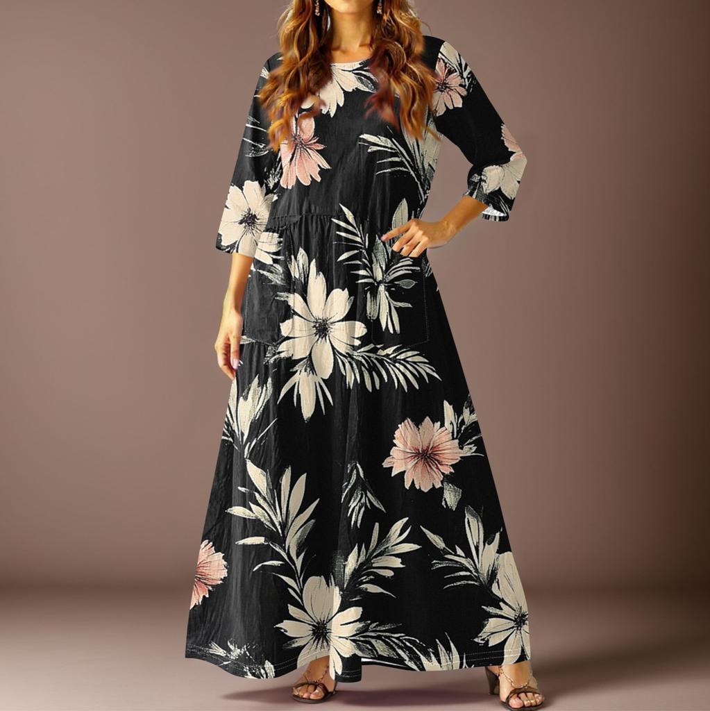 Women's Casual Fashion Vintage Floral Print Three-quarter Sleeve Long Dress With Pockets