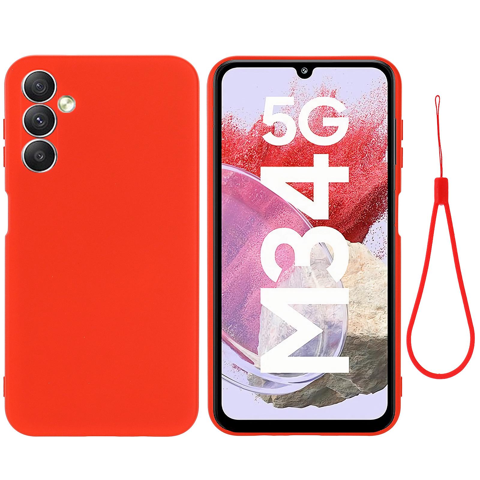 

For Samsung Galaxy F34 5G/M34 5G Liquid Silicone Phone Case Soft Lining Shockproof Cover with Strap Red