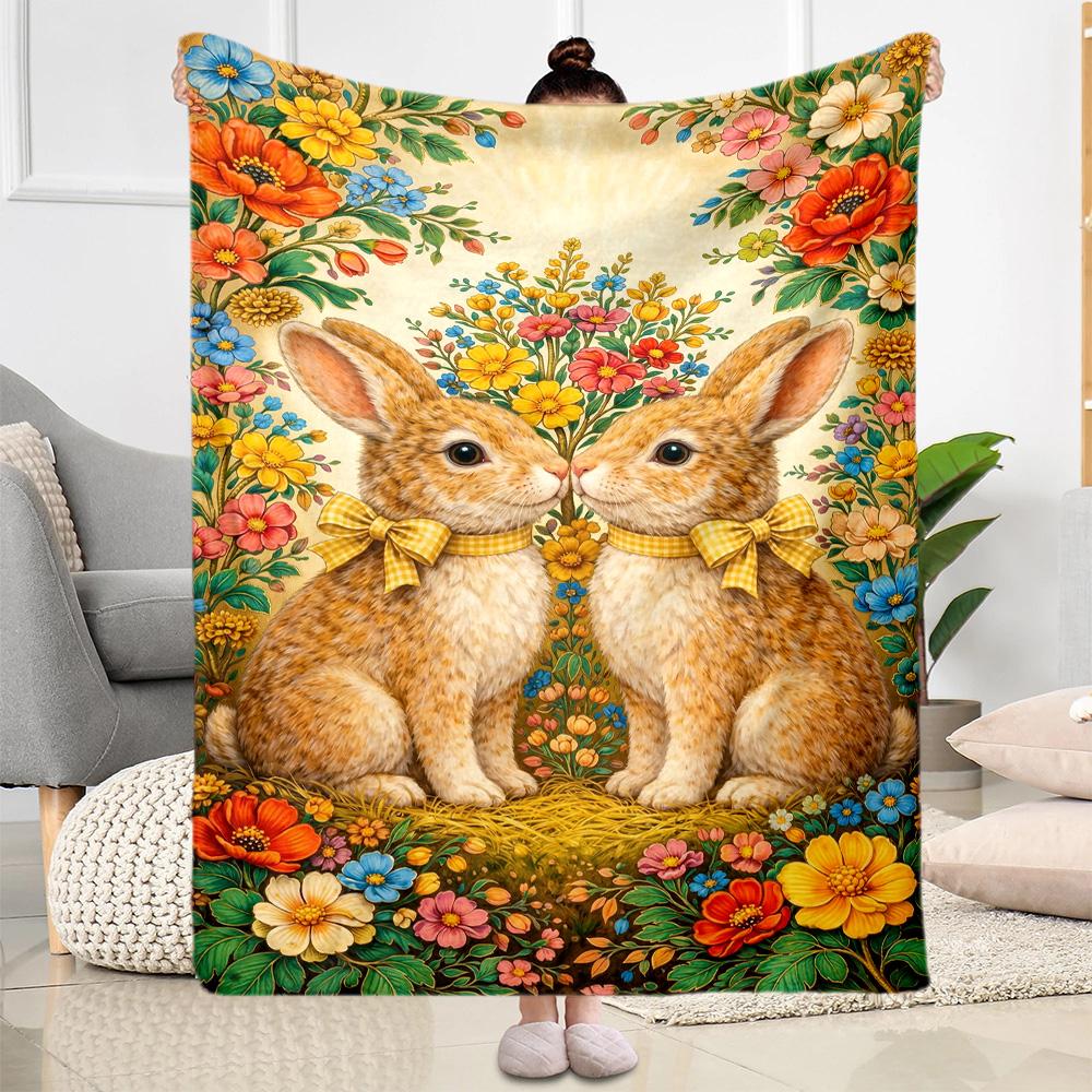 Easter Bunny With Flowers Blanket,Suitable for sofas, offices, travel, living rooms, gift for friends and family,Suitable for all seasons.
