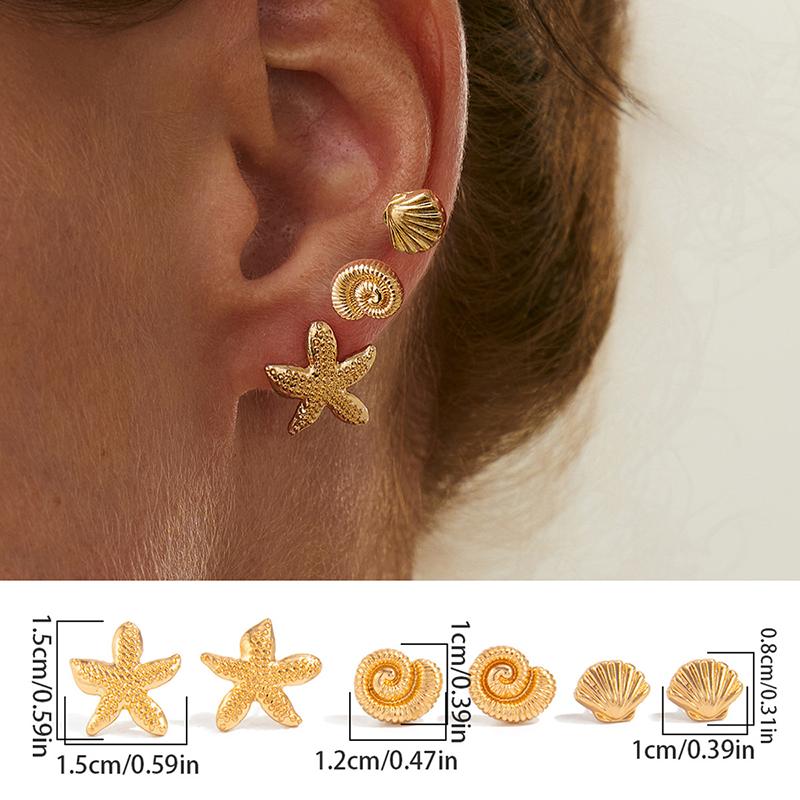 Ocean Series Flower Starfish Bow Shell C-Shaped Earrings Sets for Women Retro High-End Sweet Earrings Vacation Jewelry Accessory
