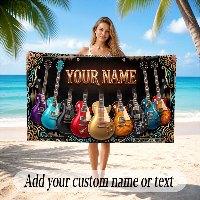 Music Guitar Theme Beach Towel Personalized Custom Name & Text Soft Quick Dry Beach Towel for Swimming Travel
