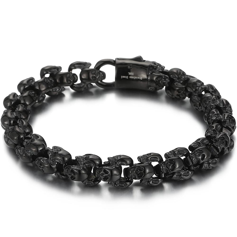 Massive Men's Skull Bracelet Man Retro Black 316l Stainless Steel Gothic Link Chain 12MM Width Punk Rock Jewelry Accessory Gifts