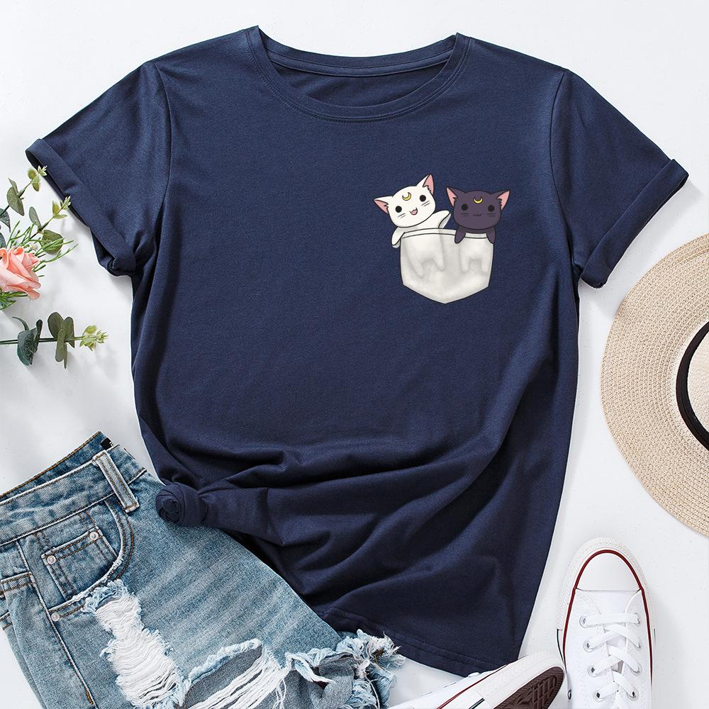 Cute Kitten Print Loose Round Neck Pure Cotton Short Sleeved Women's T-shirts