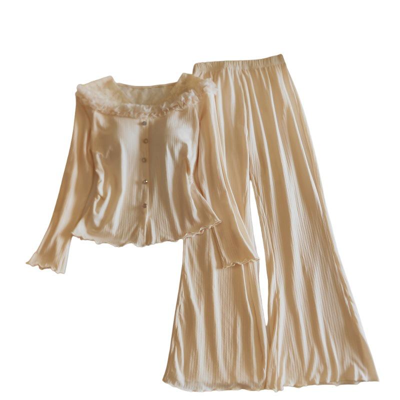 Women's Long Sleeve Lace Trim Pajama Set with Bra Pads - Pure Cotton, Two-Piece for Spring, Autumn, and Winter.
