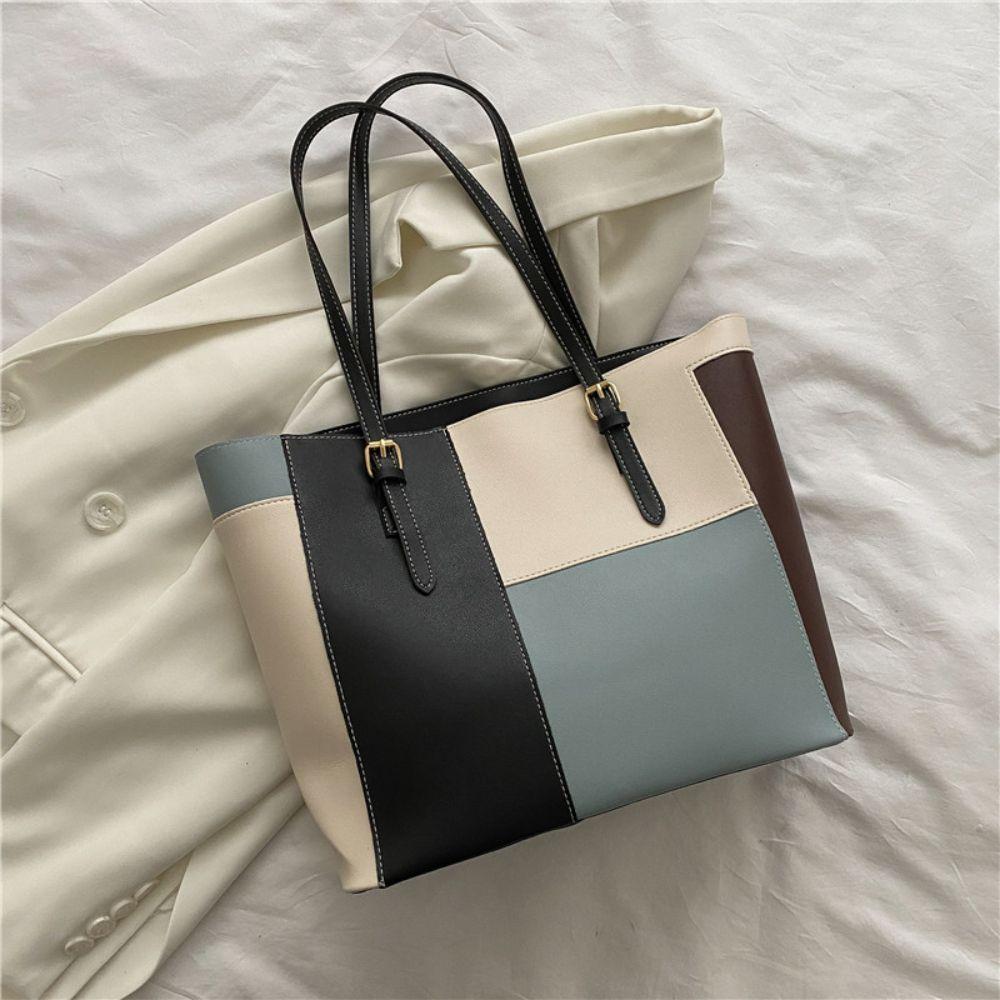 Fashion Splicing PU Tote Bag, Lightweight Handbag, Large Capacity Simple Commuter Shoulder Bag, Women's Bags