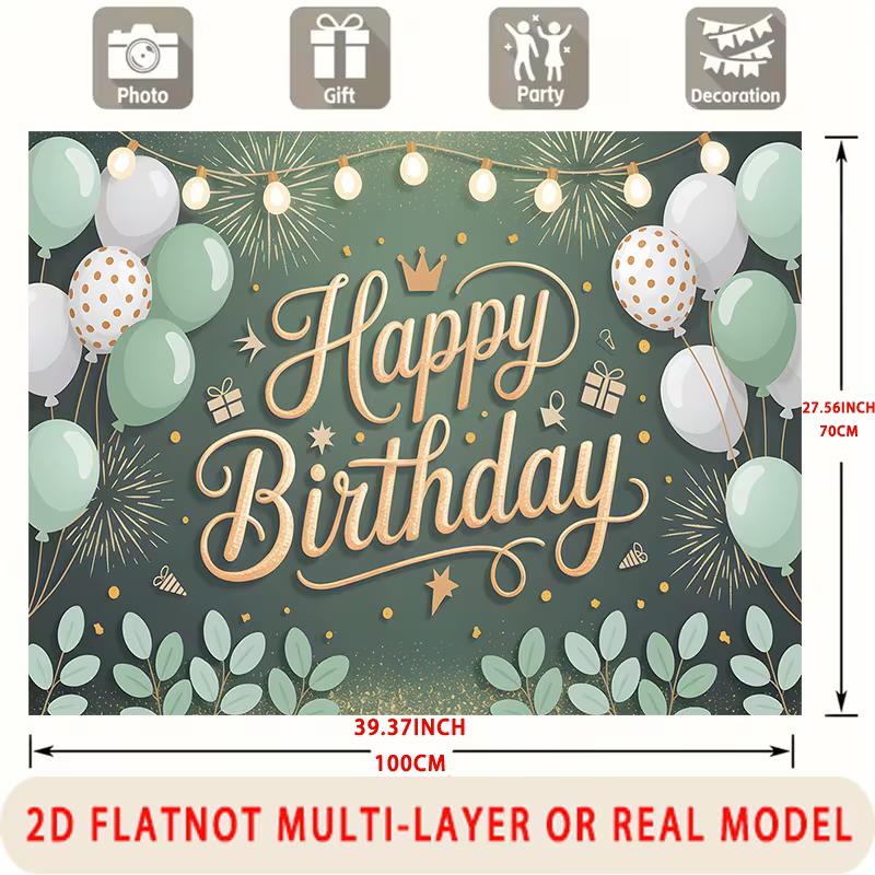 

2D Green Gold Eucalyptus Happy Birthday Backdrop Banner Photography Background for Party Decor 47.2x31.5inch/120*80cm