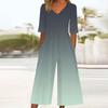 Women's Loose Casual V-Neck Gradient Printed Jumpsuit Slim Fit Wide Leg Jumpsuit