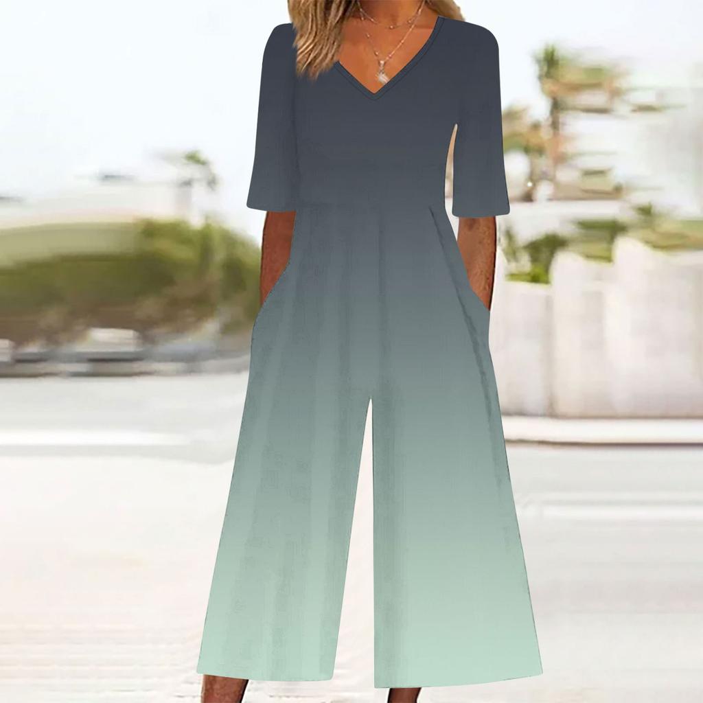 Women's Loose Casual V-Neck Gradient Printed Jumpsuit Slim Fit Wide Leg Jumpsuit