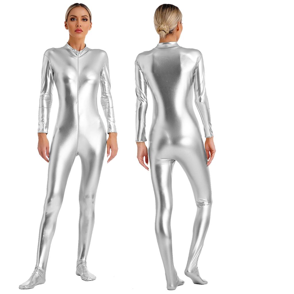 Womens Metallic Shiny Zentai Jumpsuit Mock Neck Long Sleeve Front Zipper Full Body Unitard Tights for Dance Performance