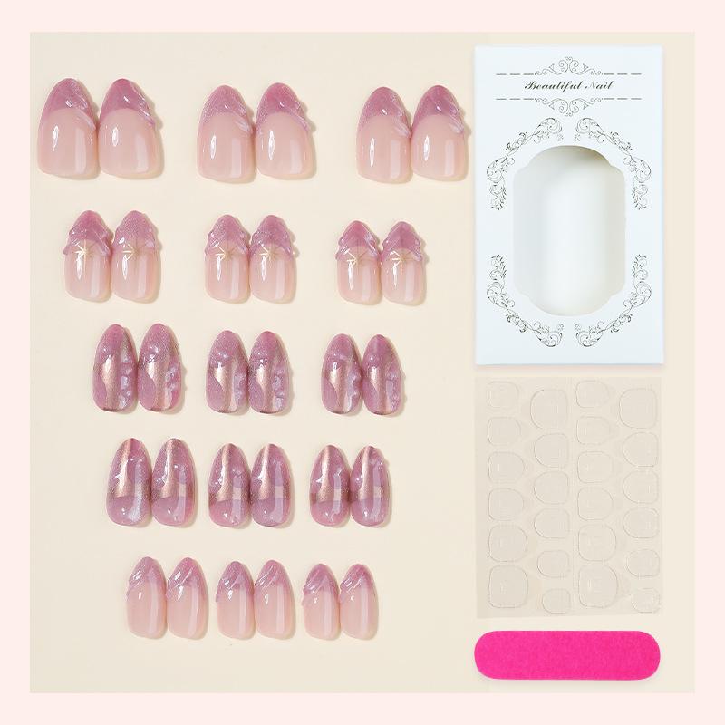 30 Pcs Purple Cat Eye Long-Wear Nails with Starlight Gradient and Gilded Nail Art Stickers