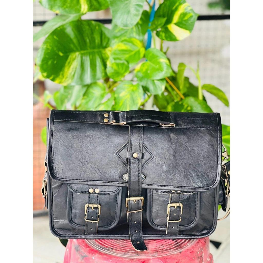 Genuine Goat Leather Vintage Laptop Handmade Black Necessary Bag Satchel