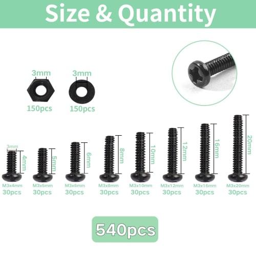 Zmbroll M3 Machine Screw Assortment Kit, 540pcs M3x4/5/6/8/10/12/16/20mm, Black Pan Head, Fully Threaded Carbon Steel Machine Screws, Phillips Drive F