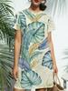 Vestito T-shirt da Donna a Maniche Corte con Girocollo - Stampa Foglie Verdi Vestito Casual Adatto per Outfit Primaverili Estivi. Compatibile con Bluse per Stili. B
