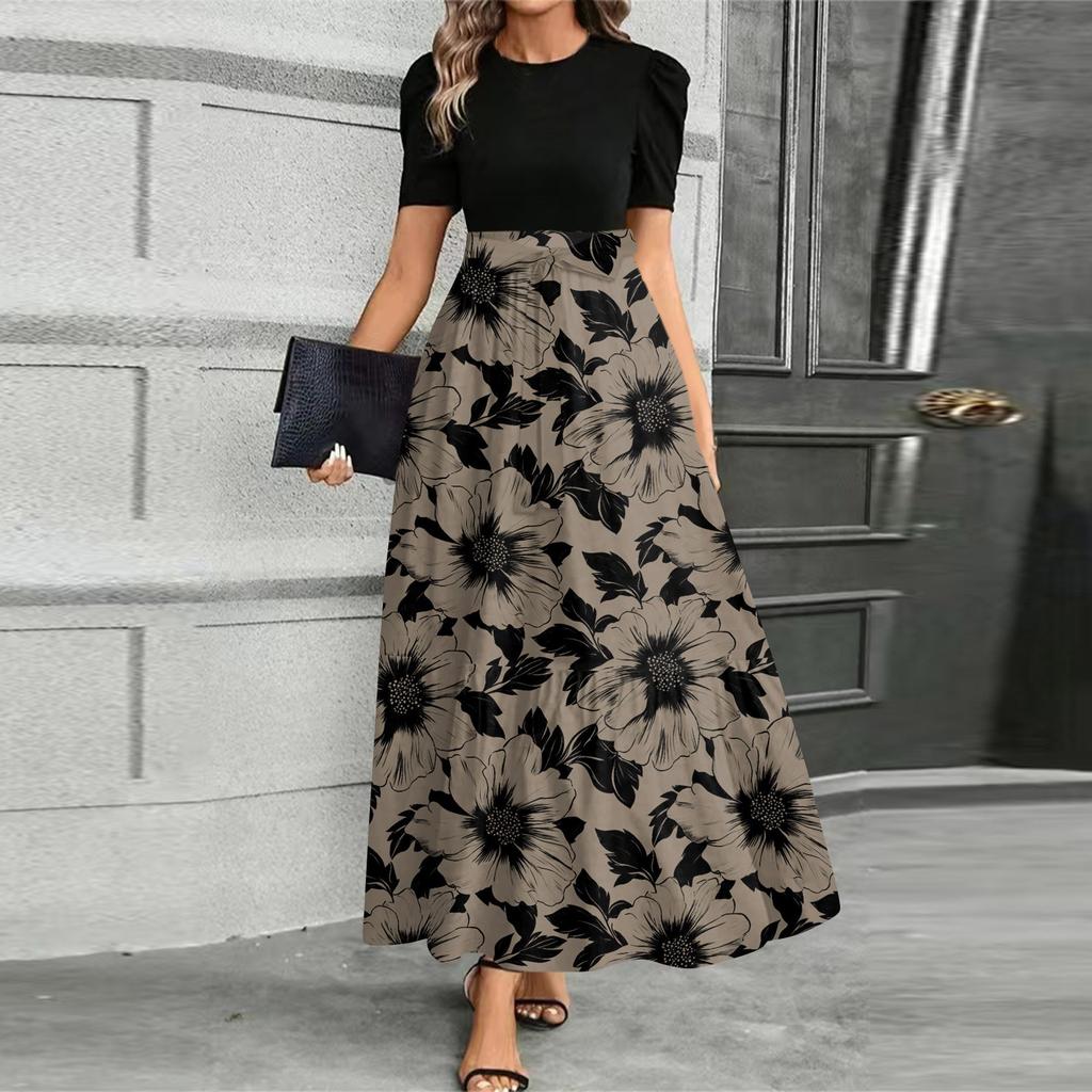 Women's Fashionable Casual Belt Short Sleeved Round Neck Print Elegant Temperament Dress
