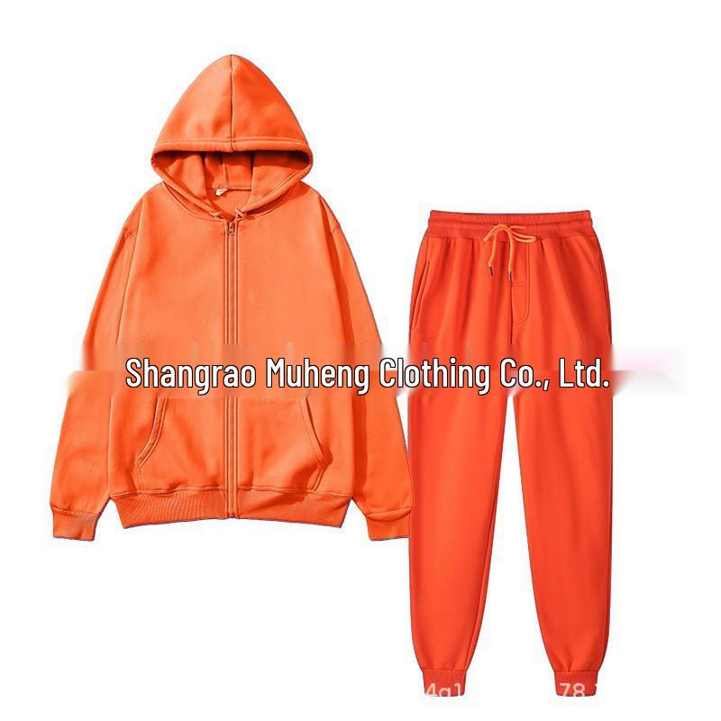 Men's Solid Color Plus Velvet Hooded Sports Set - Zipper Long Sleeve, Warm for Autumn/Winter