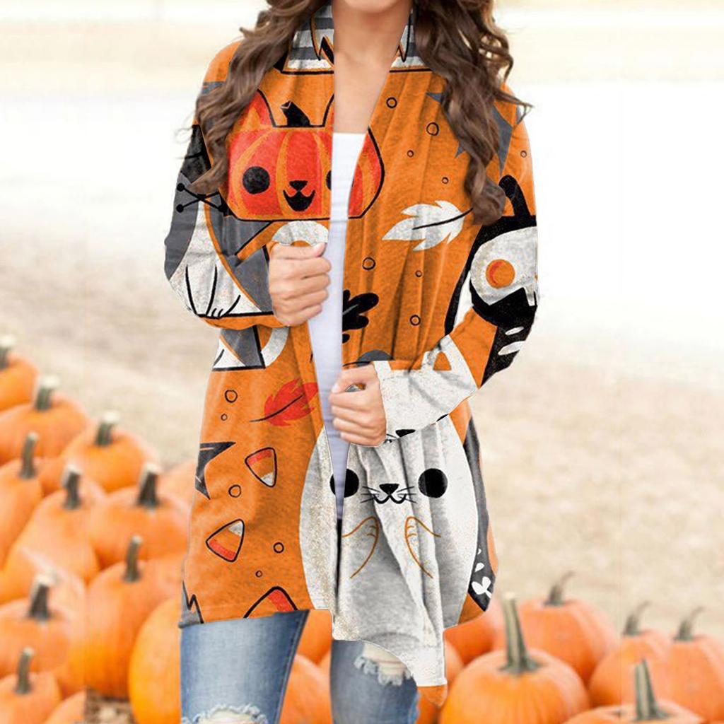 Women's Casual Fashion Halloween Printed Long Sleeve Buttonless Cardigan Jacket