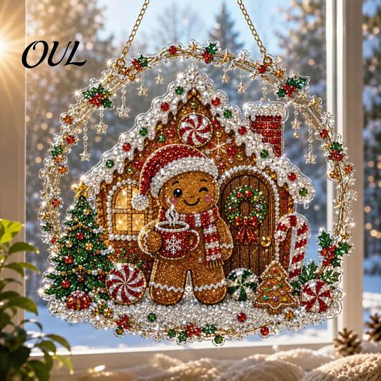 Acrylic Hanging Gift Christmas Faux Diamond Art Suncatcher, 2D Flat Window Ornament, Festive Pendant Beaded Pattern Holiday Decoration for Home, Tree