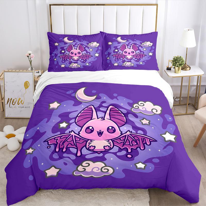 3pcs Cute purple Bat Quilt Set Soft and Comfortable Bedroom, and Dorm Decor Bedding Set 1 Quilt Cover + 2 Pillowcases.L030